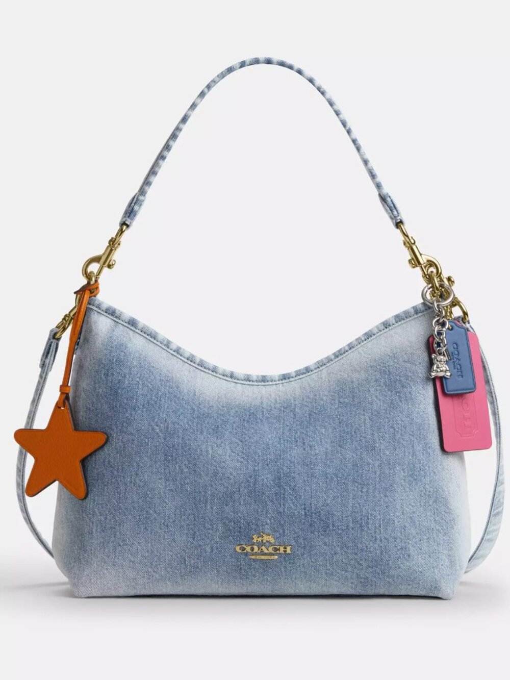 Coach CEF26 Laurel Shoulder Bag In Loved Denim With Charms Light Indigo *Sealed*